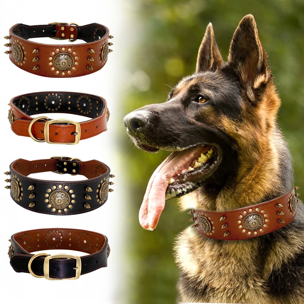 Wooforia Spiked Studded Dog Collar — Heavy Duty Leather for Large Dogs
