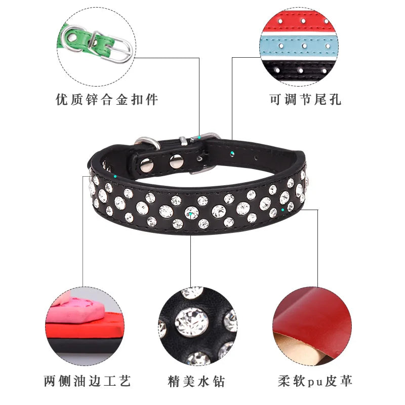 Wooforia Rhinestone PU Pet Collar — Adjustable for Cats & Dogs