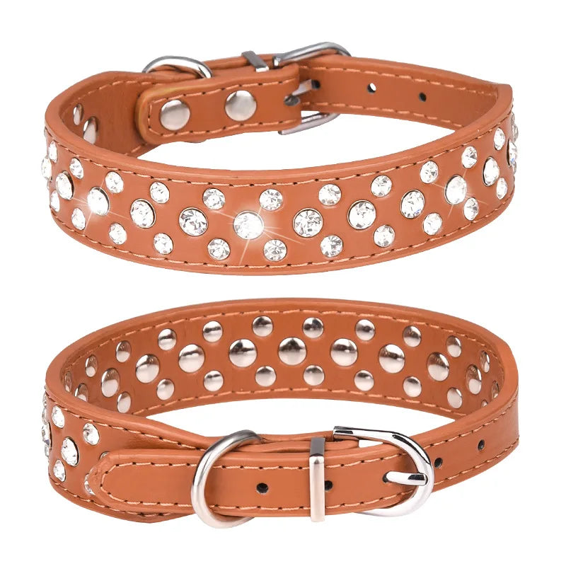 Wooforia Rhinestone PU Pet Collar — Adjustable for Cats & Dogs