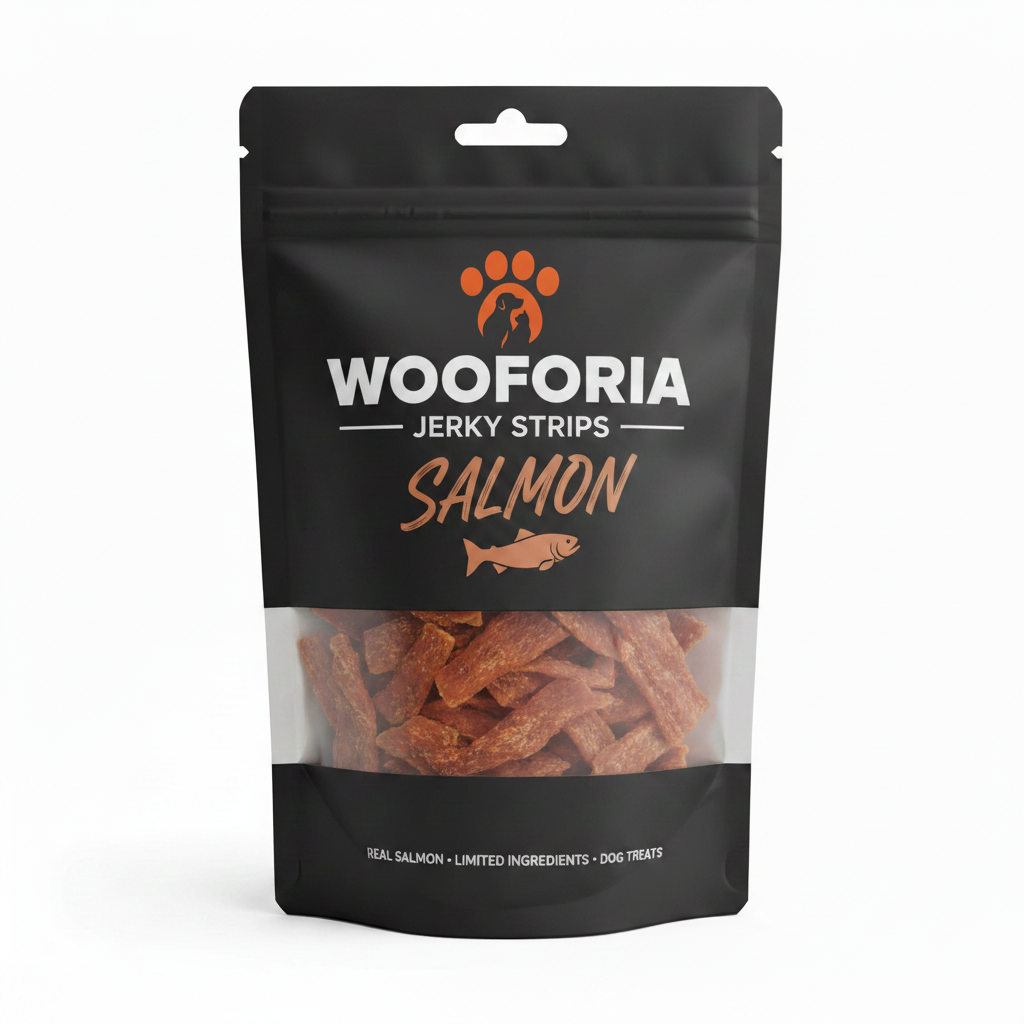 Wooforia Jerky Strips – Salmon with Logo